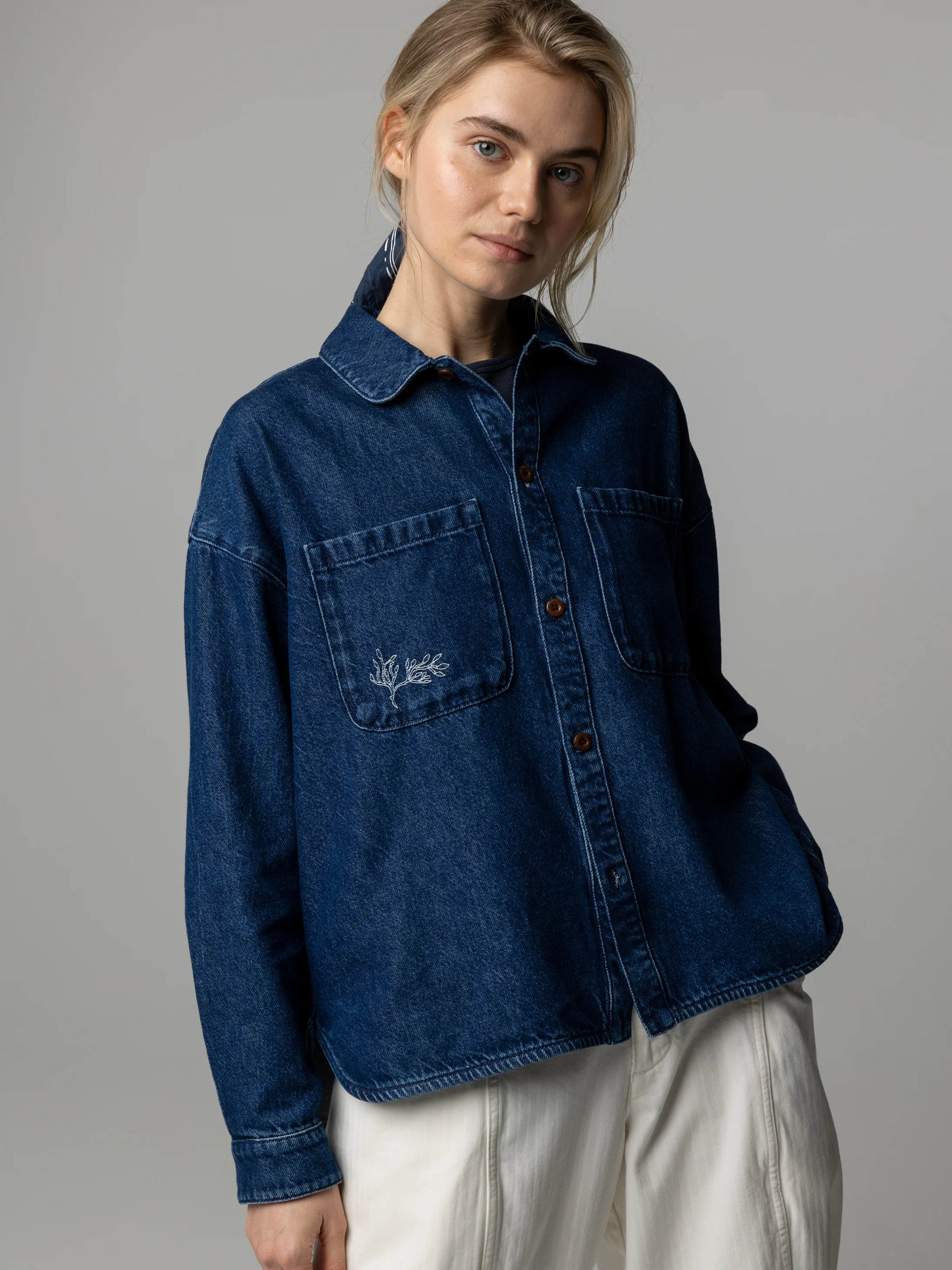 Women's Floral Marine Denim Shirt - Image 2